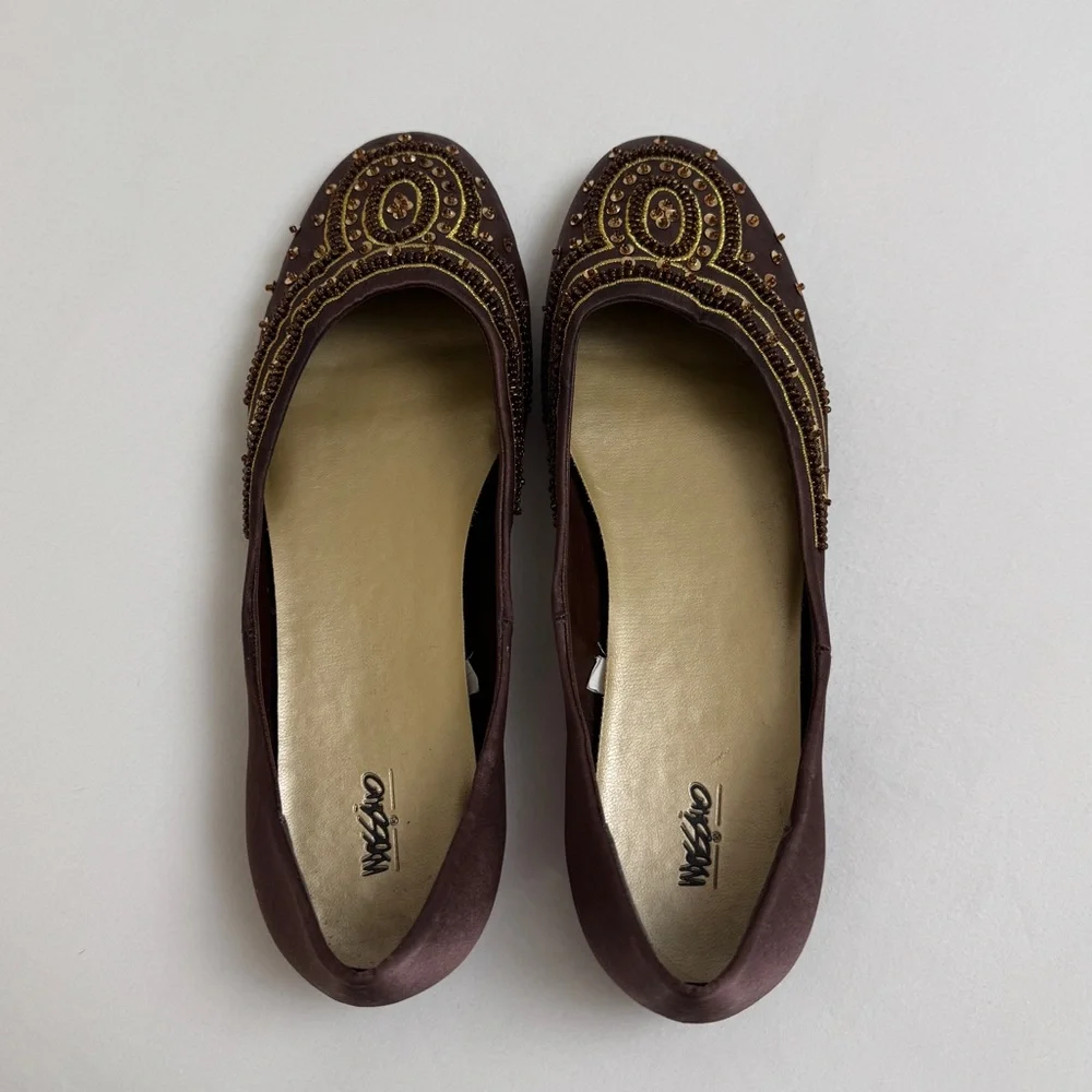 Vintage Y2K 90s Brown Embellished Sequined Slip On Flats Size 7.5 Whimsy Boho